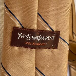 Yves Saint Laurent Beige Tan with Gold Hue Neck Tie with Navy Stripe